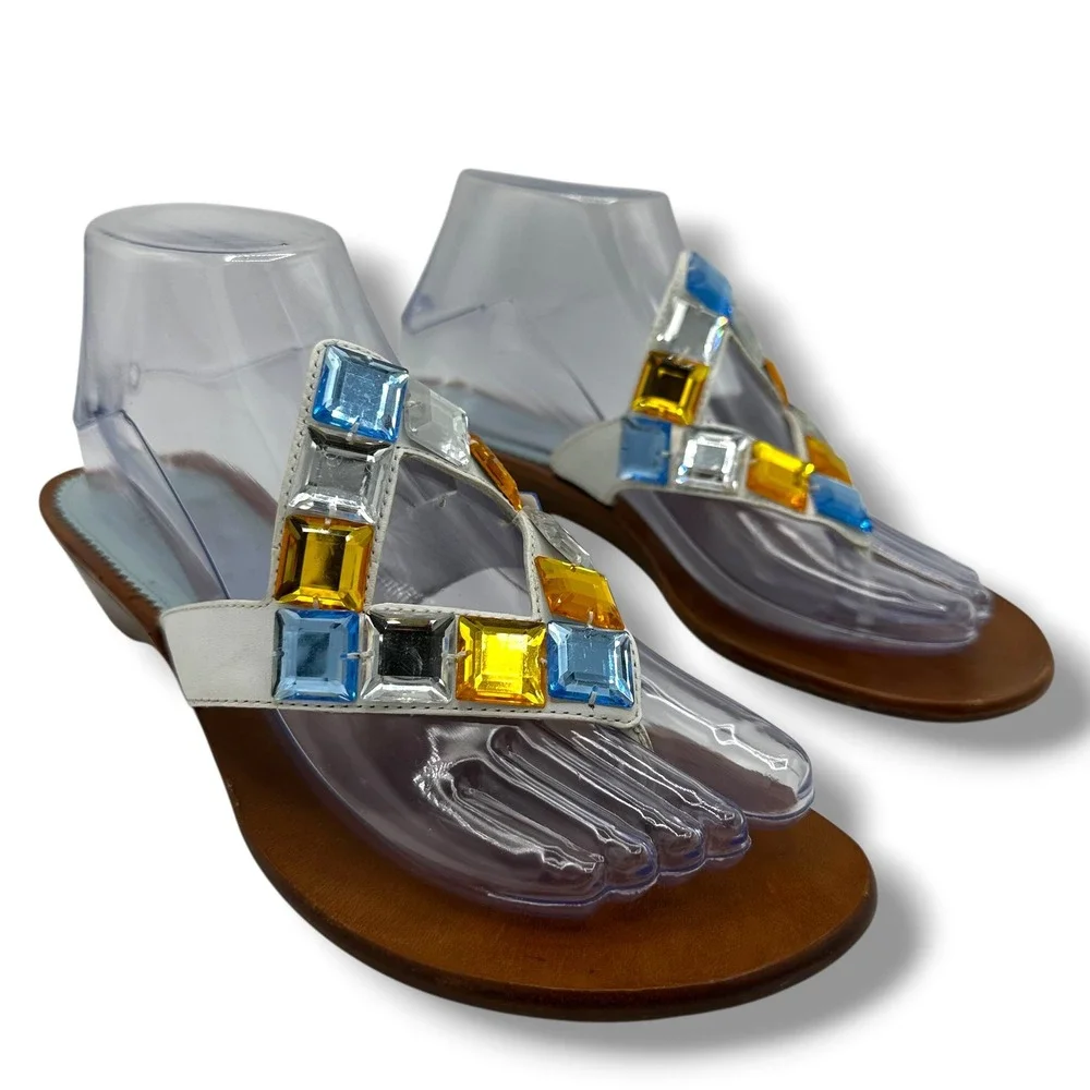 Cole Haan Womens White Leather Crystal Embellished Wedge Thong Sandals Size 8B